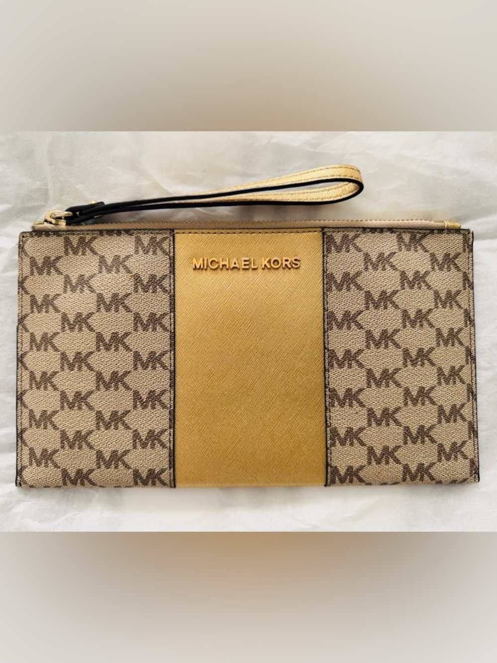 Michael Kors Tan and Gold Signature Patch Wristlet